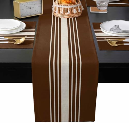 Modern Table Runner and Placemats Set of 6 Brown Striped Linen Texture