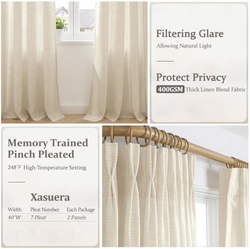 Pinch Pleated Linen Curtains 96 Inch, 2 Panels Premium 400GSM Memory