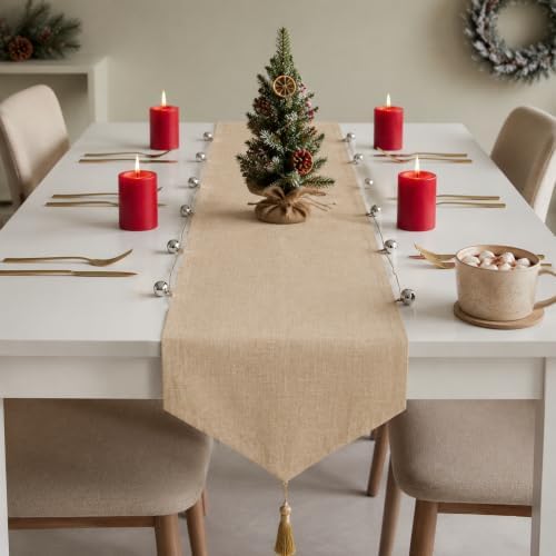 Beige Faux Linen Table Runner Waterproof Elegant Modern Table Decor