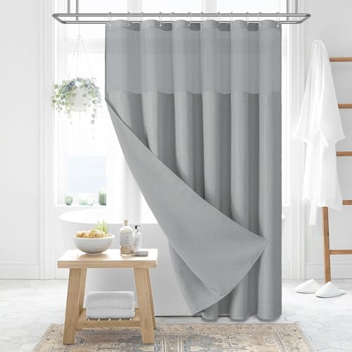 Dynamene Waffle Shower Curtain and Snap-in Fabric Liner Set Grey