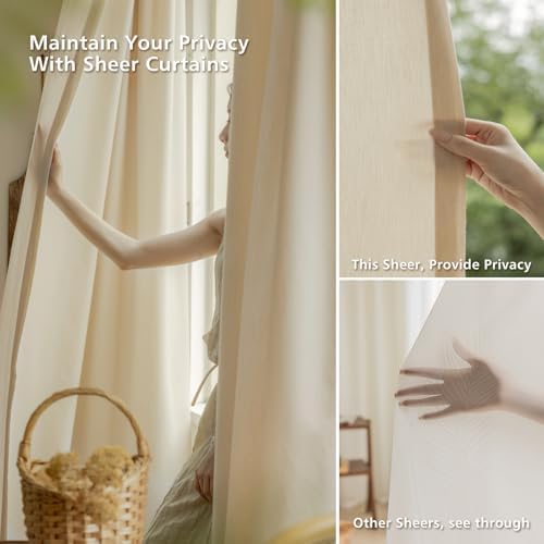 LETAU Beige Cotton and Wool Sheer Curtains 120 inches Long, Pinch