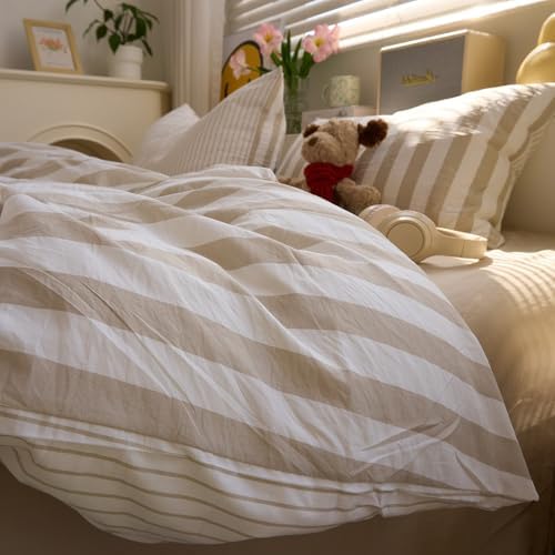VM VOUGEMARKET Khaki Stripes Duvet Cover Set Queen Teens Boys Girls