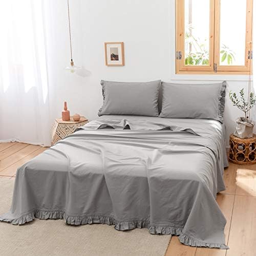 BISELINA Linen Sheet French Flax Flat Sheet with Pleated Ruffles 55%
