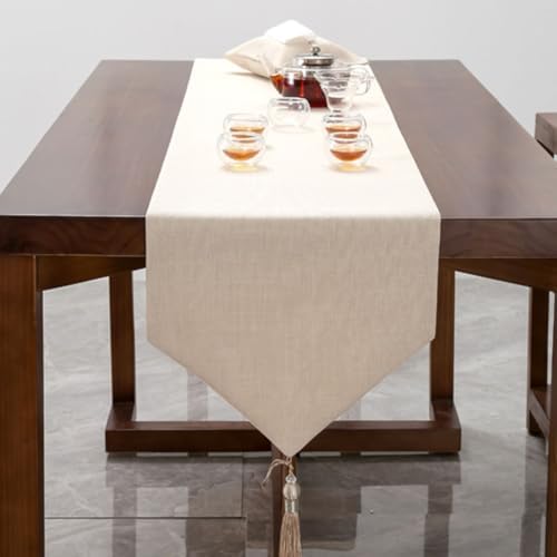 94.5 Inch Long Kitchen Table Runner,Cotton Linen Blend,Beige White