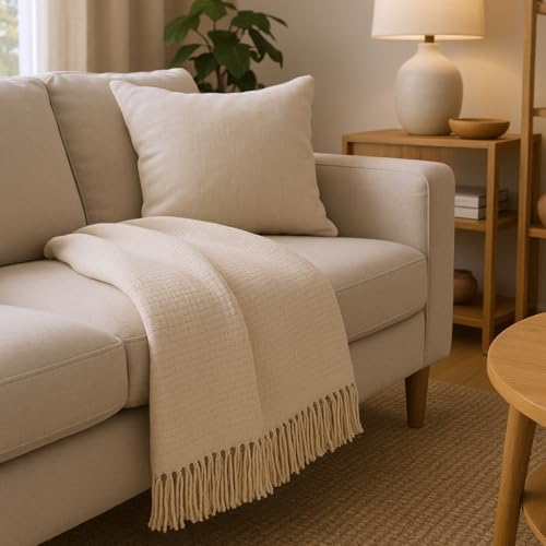 HomeRoots 50" X 67" Cream Cotton Blend Woven Throw Blanket with Fringe
