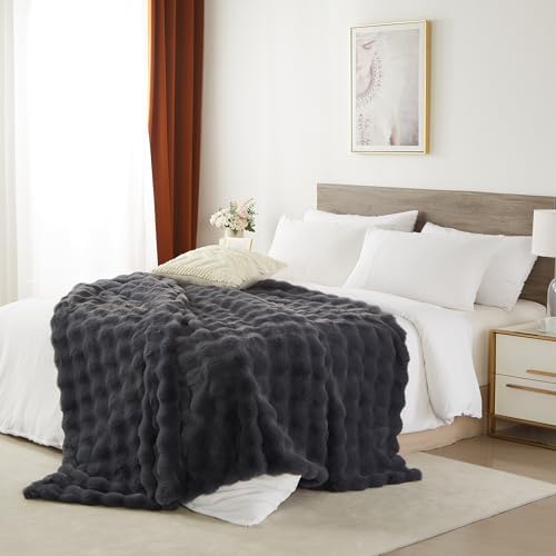 Gray Faux Rabbit Fur Bubble Throw Blanket 60 x 80 in