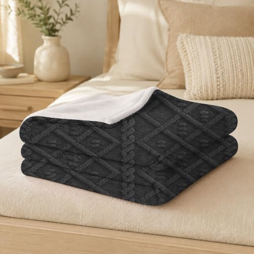 Charcoal Cable Knit Pattern Print Throw Blanket, Soft Lightweight