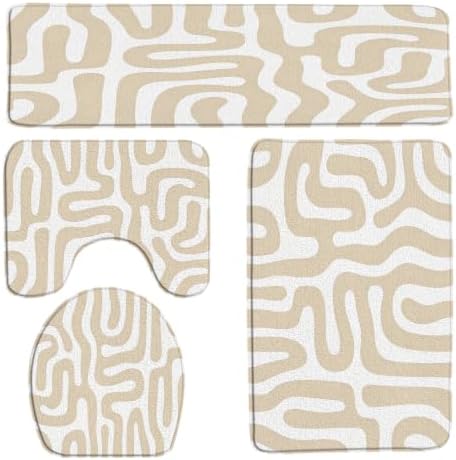 Abstract Beige Geometric 4pcs Bath Mat,17.7" x29.5“+15.7"x47.2"