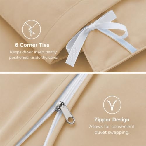 Beige Queen Duvet Cover Set, Zipper Closure, 2 Pillowcases