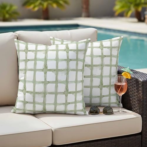 Outdoor Throw Pillow Covers,Retro Geometric Sage Green Check