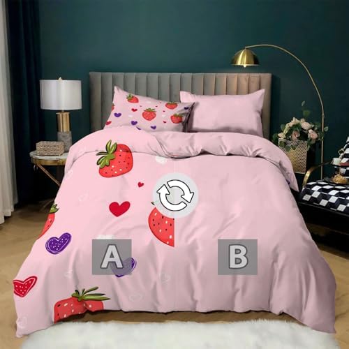 King Duvet Cover Set Fruit Strawberry Heart Pattern Bedding with