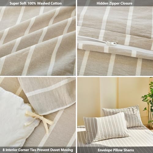 DONEUS Striped Duvet Cover Set 100% Washed Cotton Linen Like Full Size