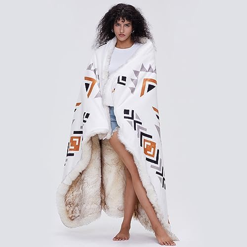 Luxury Plush Faux Fur Throw Blanket with Aztec Pattern, Super Warm