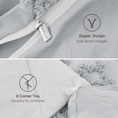 Bedsure Boho Duvet Cover Queen, Tufted Embroidery, 3-Piece, Light Grey