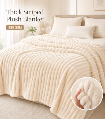 Cream Ribbed Soft Cozy Fleece Blanket for Bed, King, 91"x100"