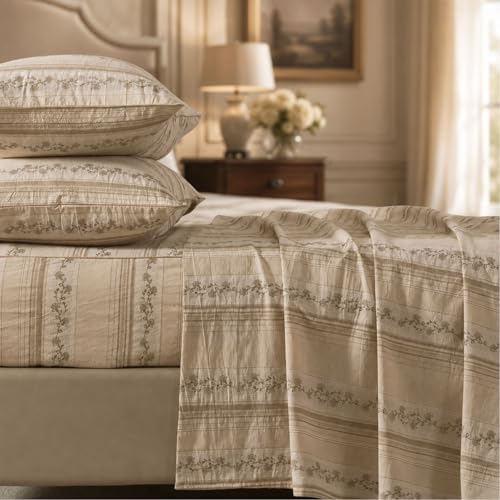 FADFAY 100% Cotton Full Bed Sheet Set 4-Piece, Woven Jacquard Floral