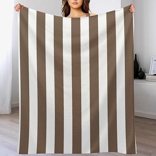 Plush Throw Blanket Taupe and White Stripes Soft Cozy Blanket Flannel