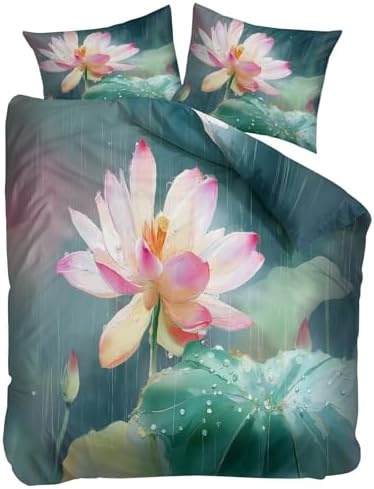 California King Duvet Cover Set Chinese Art Lotus Flowers Rainwater