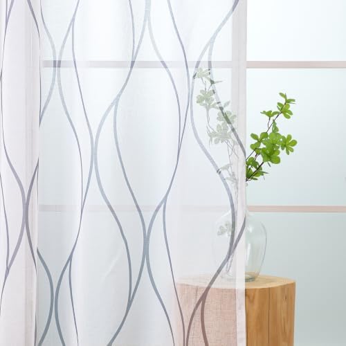L.Z.E White Sheer Curtains 63 Inch Length 2 Panels Set, Grey Curved