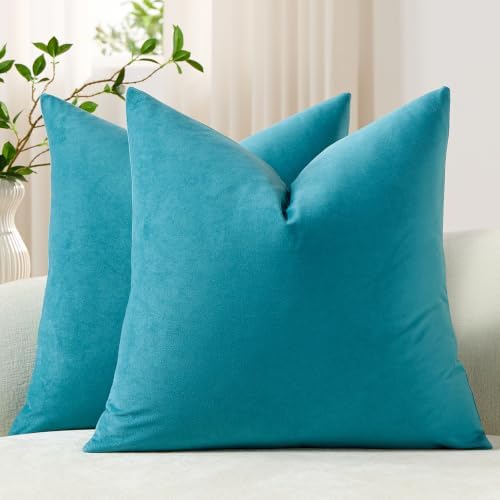 DEZENE Throw Pillow Covers 20x20 Turquoise: Pack of 2 Cozy Soft Velvet