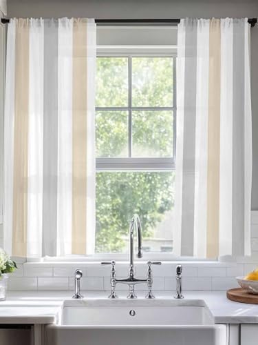 Beige Grey Stripe Sheer Curtains 72 Inches Long 2 Panels, Semi Sheer