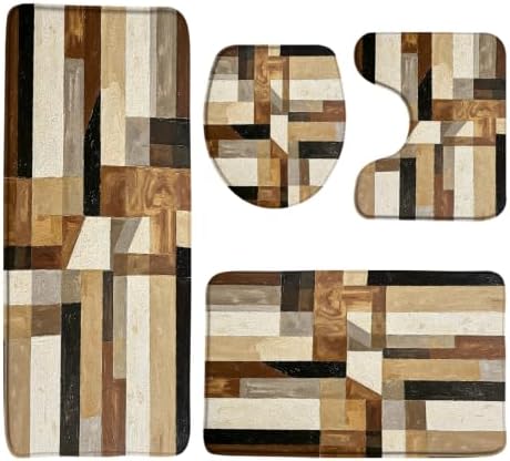 Brown Abstract Rustic Bathroom Rugs Sets 4 Pcs