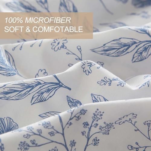 Nanko Floral Duvet Cover Set Queen Size, Blue and White Flower Leaf