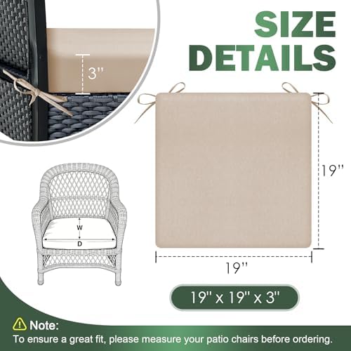 Outdoor Chair Cushions Set of 2, 19x19x3 Inch Waterproof & Fade