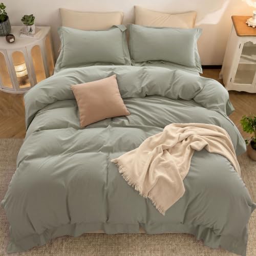 Duvet Cover Set Washed Cotton Embroidered Hem Queen 3‐Pcs
