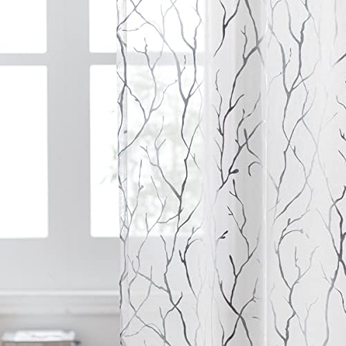 Kotile White Sheer Curtains with Silver Tree Branch 52x63 Inch, 2