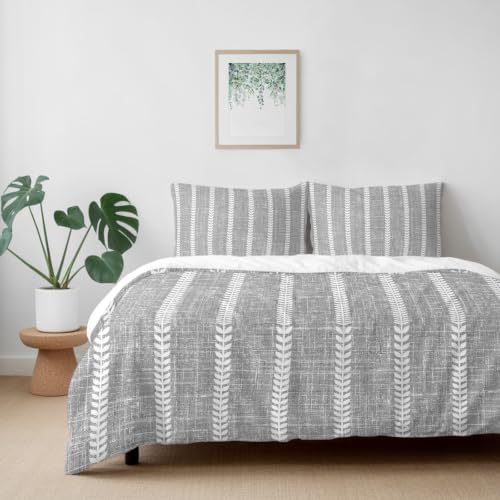 4 Piece Duvet Cover Set for Full Size Bed,Grey Boho Stripe Light Linen