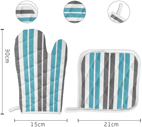 Quilted Cotton Terry Cloth Oven Mitt, Pot Holder Gray Blue Stripes