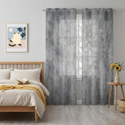 Concrete Texture Sheer Curtains 63 Inch Long 2 Panels, Industrial