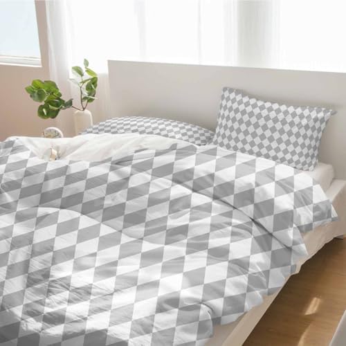 Duvet Cover Set Queen, Abstract Gray White Plaid 3 Piece Bedding Set