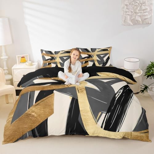Feelyou Black Gray Gold Duvet Cover King Size Abstract Bedding Set for