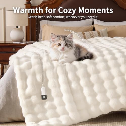 Fluffy Faux Fur Heated Blanket King Size,Cream,90"x100"