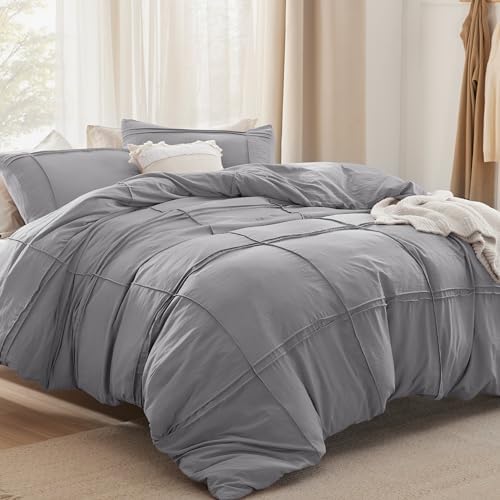 Bedsure Grid Boho Duvet Cover Queen, Textured Bedding, 3-Piece, Grey