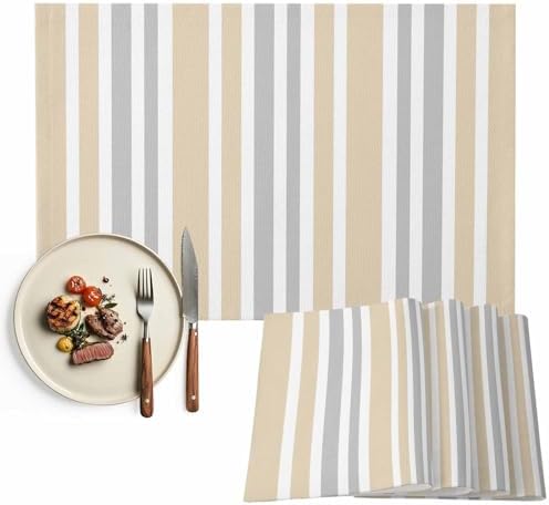 Placemats Set of 6, Beige Grey Stripe Cotton Linen Place Mats