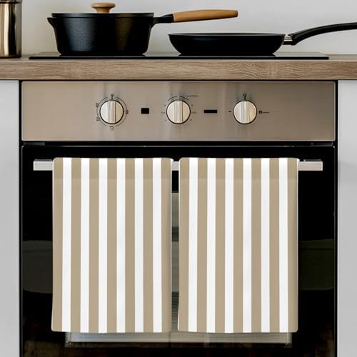 Khaki and White Striped Kitchen Towels Set of 3, Gradient Geometric