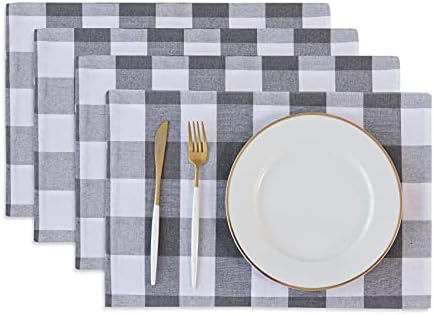 Grey & White 2 Side Cotton Buffalo Check Placemats Set of 4 Heat