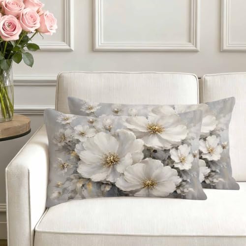 Cream Gold Flowers Lumbar Pillow Covers 12 x 20 Inch Pillow Covers Set