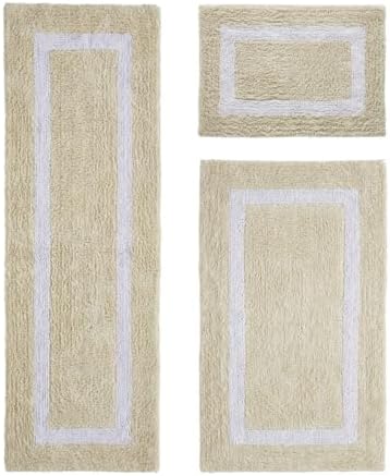 TRP Tufted Cotton Sand White Bathroom Rugs Sets 3 Piece
