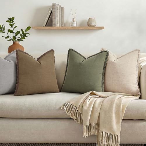 decorUhome Linen Fringe Olive Green Throw Pillow Covers 22x22 Set of 2