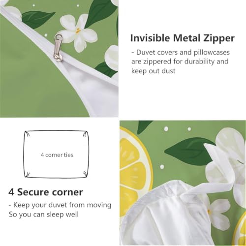 Sage Green Cartoon Lemon Slice Floral Duvet Cover Set for Women Girls