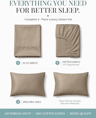 LANE LINEN 450TC Cotton Full Sheet Set - Silky Smooth Sateen Weave