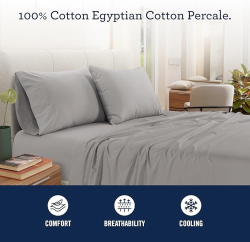 Izod Queen Bed Sheet Set, 100% Egyptian Cotton Percale, Crisp & Soft