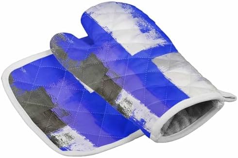 Quilted Cotton Terry Cloth Oven Mitt, Pot Holder Blue Gray Smear
