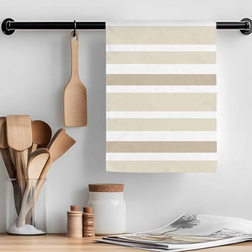 Beige Brown Kitchen Towels Set of 3, 18x26 Inch, White Stripe Soft