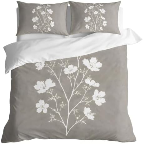 Gray Floral Blossom Duvet Cover Set 3 Pieces with Zipper Closure