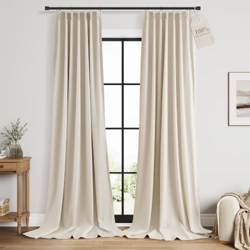 Nanspring 100% Blackout Linen Pinch Pleated Curtains 120 Inch Birch
